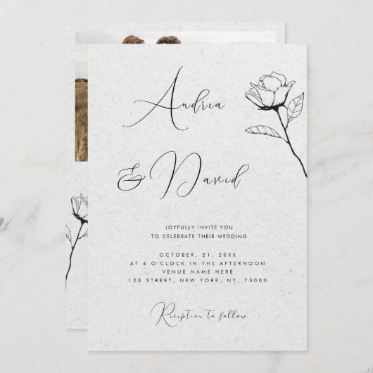 Invitation Code QR RSVP mariage Rose dessinée grise Kraft (Devant / Derrière)