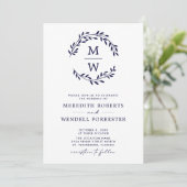 Invitation Code QR RSVP Marine Monogramme bleu Mariage de cou (Debout devant)