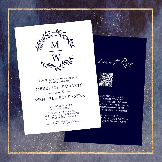 Invitation Code QR RSVP Marine Monogramme bleu Mariage de cou