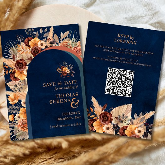 Invitation Code QR Save The Date Herbe des Pampas Bleu Marine