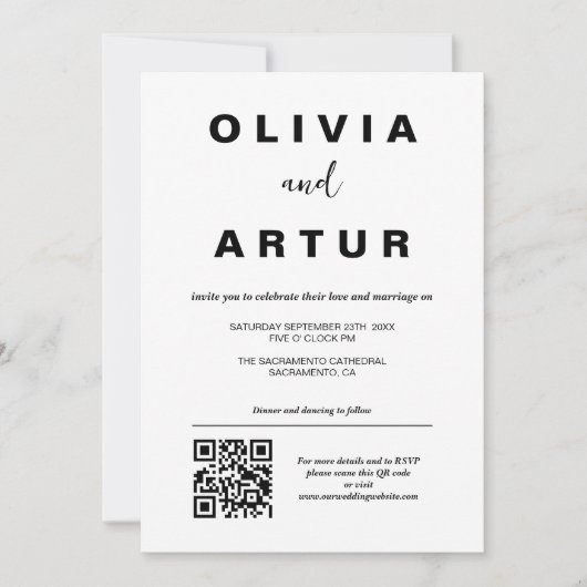 Invitation Code QR simple moderne Mariage noir et blanc (Devant)