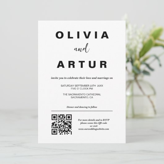 Invitation Code QR simple moderne Mariage noir et blanc (Debout devant)