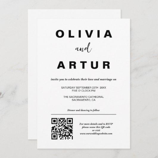 Invitation Code QR simple moderne Mariage noir et blanc (Devant / Derrière)