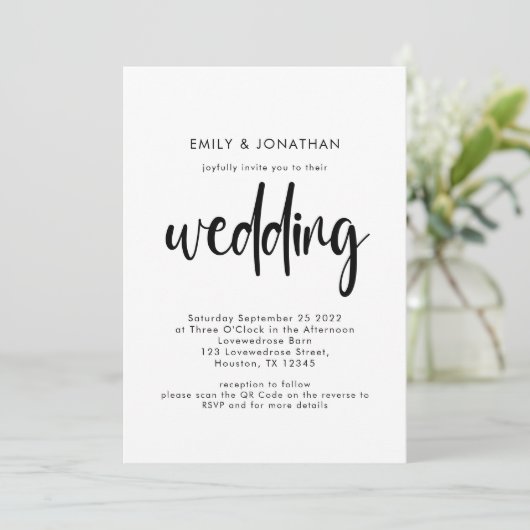 Invitation Code QR Simple Script Noir Blanc Mariage (Debout devant)