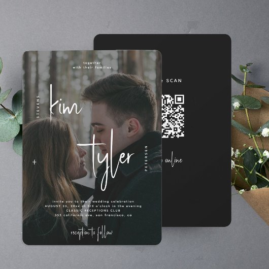 Invitation Code QR superposé photo RSVP noms script mariage
