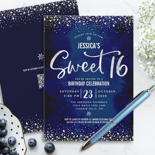 Invitation Code QR Sweet 16 Écriture Argent Navy Aquarelle