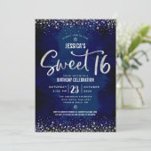 Invitation Code QR Sweet 16 Écriture Argent Navy Aquarelle (Debout devant)