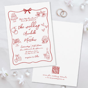 Invitation Code QR tiré à la main Mariage Whimsical rouge