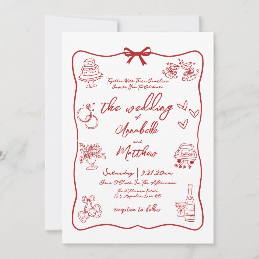 Invitation Code QR tiré à la main Mariage Whimsical rouge (Devant)