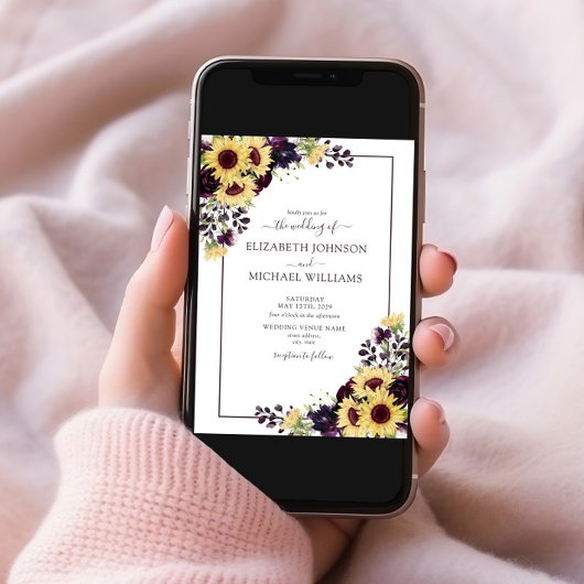 Invitation Code QR Tournesol Mauve Foncé Aquarelle Mariage