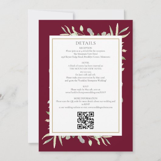 Invitation Code QR Tout En Un Végétal Mariage Bordeaux (Dos)