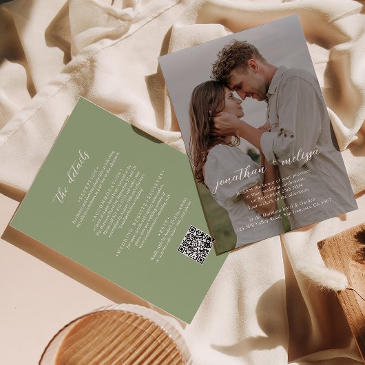 Invitation Code QR Tout en Un Vert Sauge Photo Script Mariage