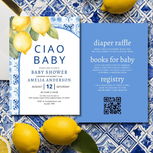 Invitation Code QR Tuiles Bleues Italiennes Fête de Naissance