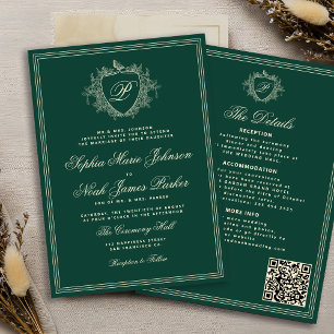 Invitation Code QR vert classique monogramme formel de mariag