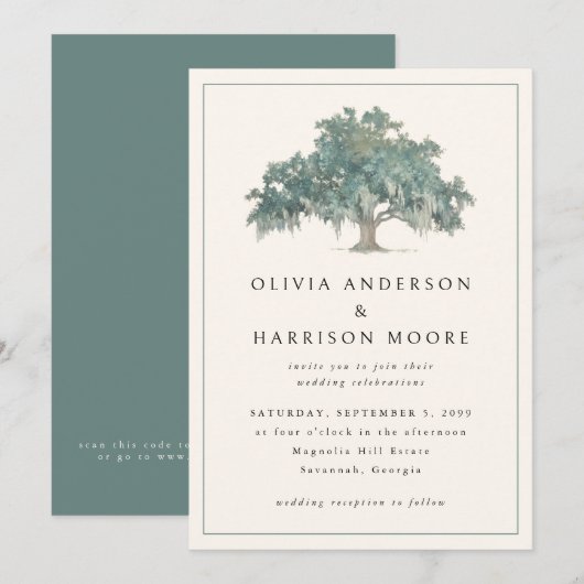 Invitation Code QR Vert Élégant Arbre Chêne Mariage Sudiste (Devant / Derrière)