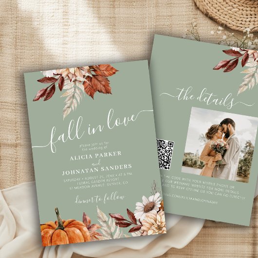Invitation Code QR vert sauge automne Tombez amoureux botaniq