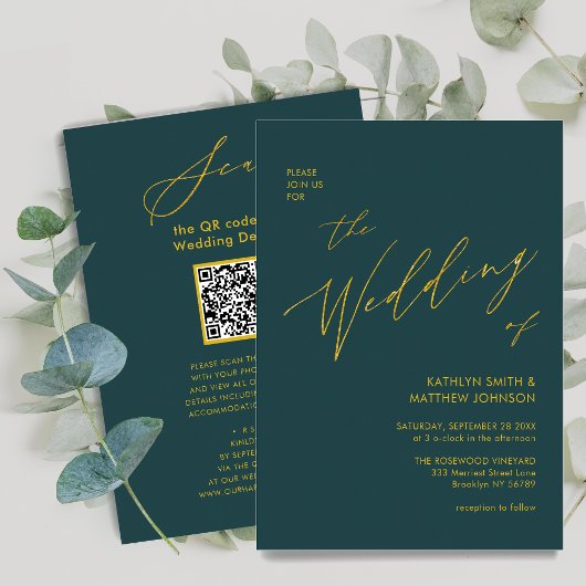 Invitation Code QR vert tout en un élégant Mariage or