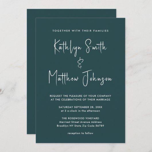 Invitation Code QR vert tout en un Mariage de script moderne (Devant / Derrière)