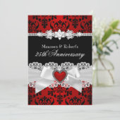 Invitation Cœur à nœud papillon en damas noir rouge 25e anniv (Debout devant)