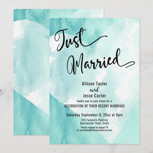 Invitation Cœur Aquarelle Bleu Vert Clair Écriture Juste Mari (Devant / Derrière)