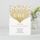 Invitation Coeur arc-en-ciel ONE Fille Confetti Premier anniv (Debout devant)