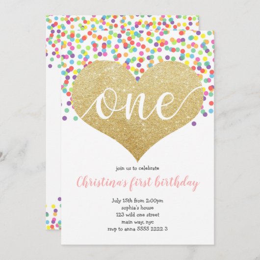 Invitation Coeur arc-en-ciel ONE Fille Confetti Premier anniv (Devant / Derrière)