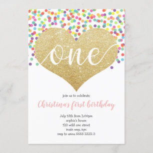 Invitation Coeur arc-en-ciel ONE Fille Confetti Premier anniv