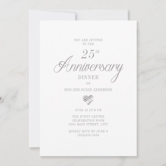 Invitation Cœur Argenté Blanc Élégant 25e Anniversaire (Devant)