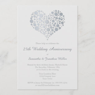Invitation Cœur Argenté Faux Feuille 25e Anniversaire de Mari