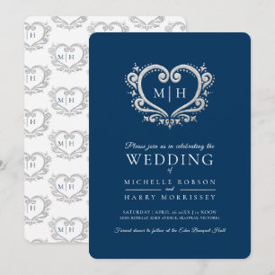 Invitation Coeur argenté mariage bleu foncé et blanc