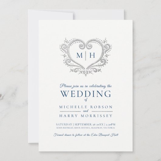 Invitation Coeur argenté mariage prussien bleu et blanc (Devant)