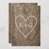 Invitation Coeur avec initiales sur bois mariage couples douc (Devant / Derrière)