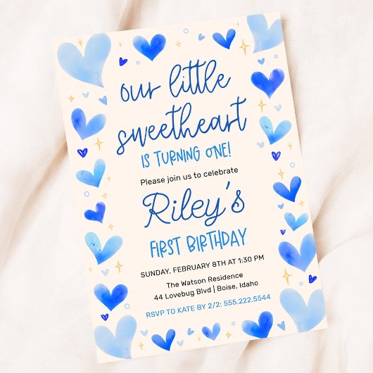 Invitation Cœur Bleu 1er Anniversaire Notre Petit Chéri