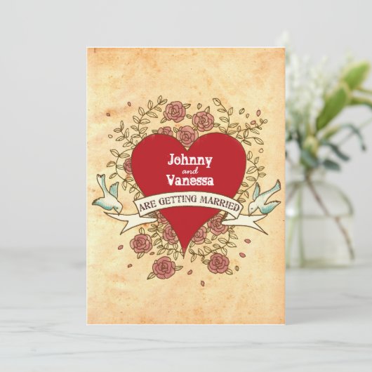 Invitation Coeur bohémien, Roses, oiseaux, et Mariage de bann (Debout devant)