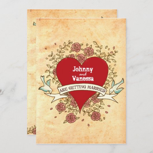 Invitation Coeur bohémien, Roses, oiseaux, et Mariage de bann (Devant / Derrière)