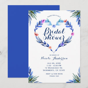 Invitation Cœur botanique aquarelle floral bleu vif