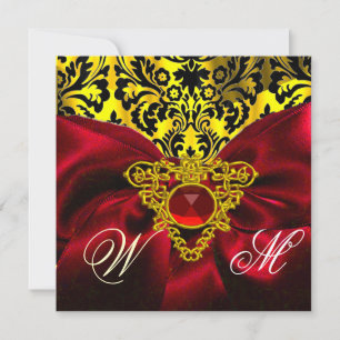 INVITATION CŒUR CELTIQUE OR RUBAN ROUGE DAMASSÉ MONOGRAMME