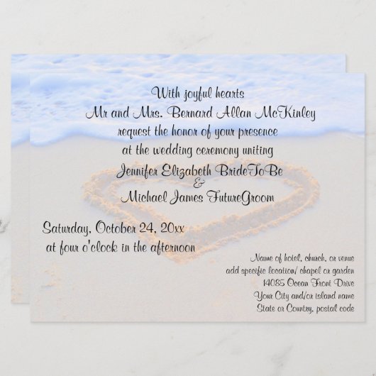 Invitation Coeur dans le mariage de plage de sable (Devant / Derrière)
