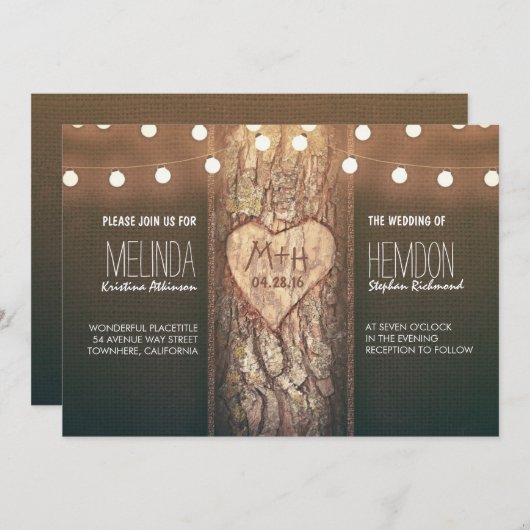 Invitation coeur d'arbre rustique et lumières à cordes (Devant / Derrière)