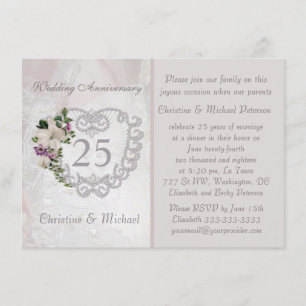 Invitation Coeur d'argent et nénuphar 25e anniversaire Mariag