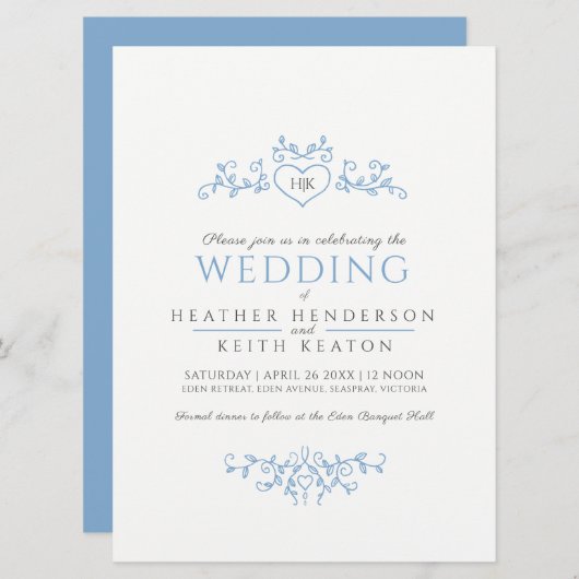 Invitation Coeur d'art de ligne feuille monogramme bleu clair (Devant / Derrière)