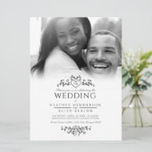 Invitation Coeur d'art feuille monogramme noir photo mariage (Debout devant)