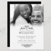Invitation Coeur d'art feuille monogramme noir photo mariage (Devant / Derrière)
