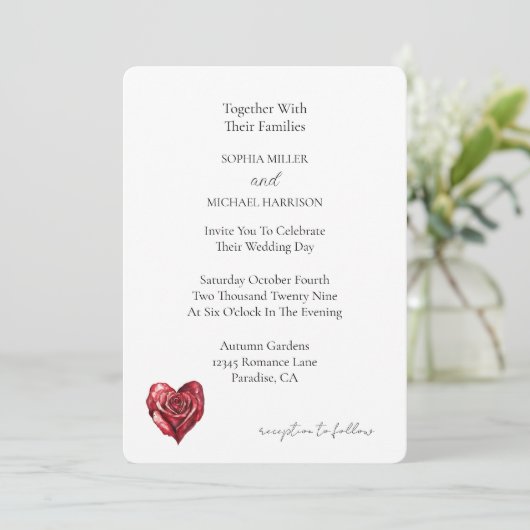 Invitation Cœur de fleur de rose rouge romantique Mariage (Debout devant)