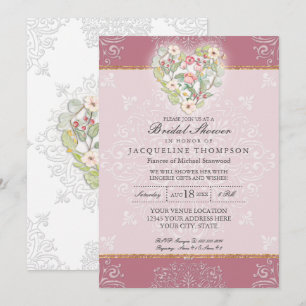 Invitation Coeur de fleurs avec dentelle Dusty Berry Fête des