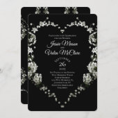Invitation Coeur de fleurs noir et blanc Mariage gothique (Devant / Derrière)