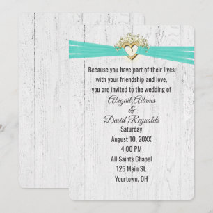 Invitation Cœur de mariage avec ruban turquoise sur bois