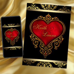 Invitation Cœur de mariage rouge noir et or