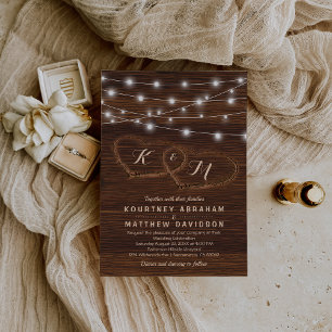 Invitation Cœur de mariage rustique en bois sculpté