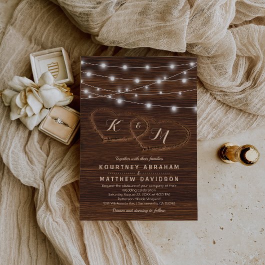 Invitation Cœur de mariage rustique en bois sculpté